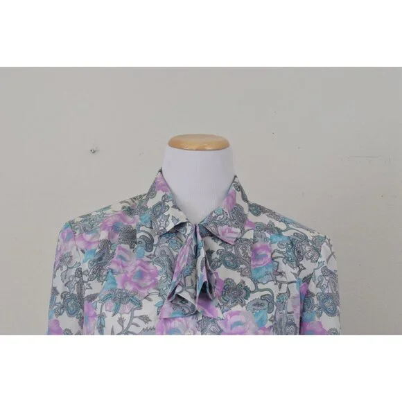 Vintage 70s Floral Paisley Pastel Secretary Blouse / Detachable Bow - Picture 5 of 10
